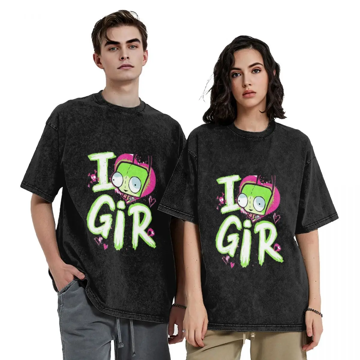 Invader Zim Valentine's Day I Love GIR Hip Hop Short Sleeve T-Shirts Washed Tops Tees Streetwear T Shirt Harajuku for Men Women