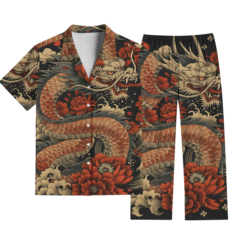 Chinese Dragon & Peony 3D Print Short-Sleeve & Pants Set – Matching Family Loungewear/Pajamas Trendy Chinese Style