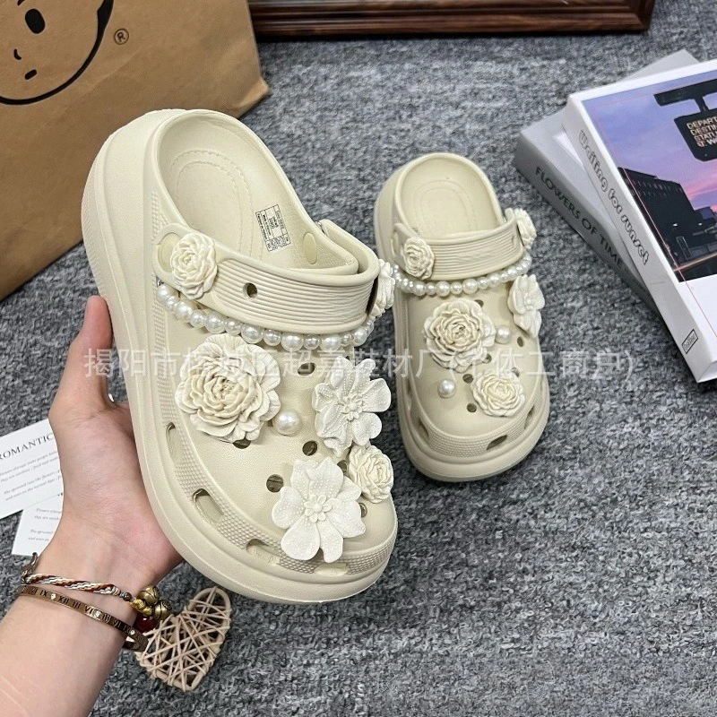 Fashion White Camellias Pearl Chain Shoe Charms For Clogs Hole Bubble Slides Sandals Removable Shoe Decoration Accessorie Gifts