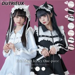 Japanese Sweet Lolita Cute Girl Lapel Zipper Long-sleeved Dress Lace Mine Ruffle Edge Color Matching Medium and Long Coat