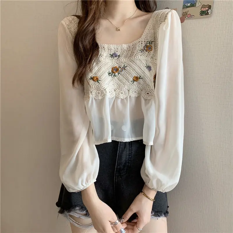 Korean Style Blouse Women Hollow Out Crochet Knitted Long-sleeved Square Collar Office Lady Versatile Embroideries Tops Female