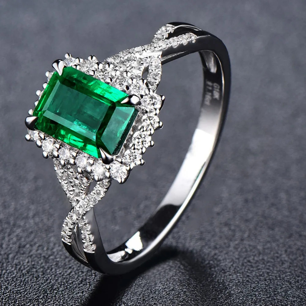 Retro Luxury Rectangle Emerald Green Gemstone Double Halo Paved 5A Zircon Twist Shank Rings for Women Engagement Wedding Jewelry