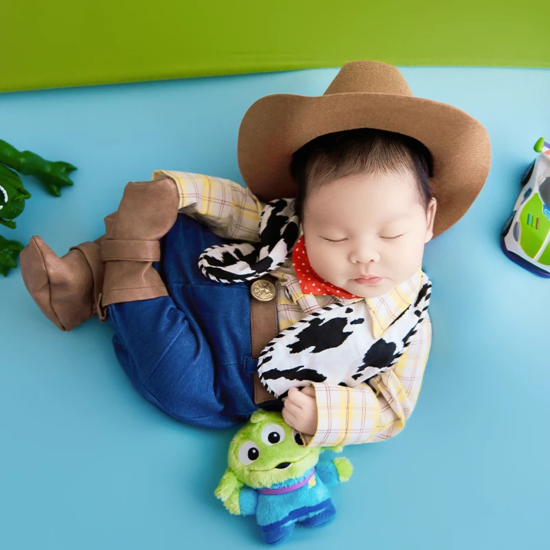 Newborn Cowboy Photography Outfit Set Baby Boy Plaid Shirt Pants Hat Bandana Boots Props 0‑1M Infant Studio Photo Shoot Costume