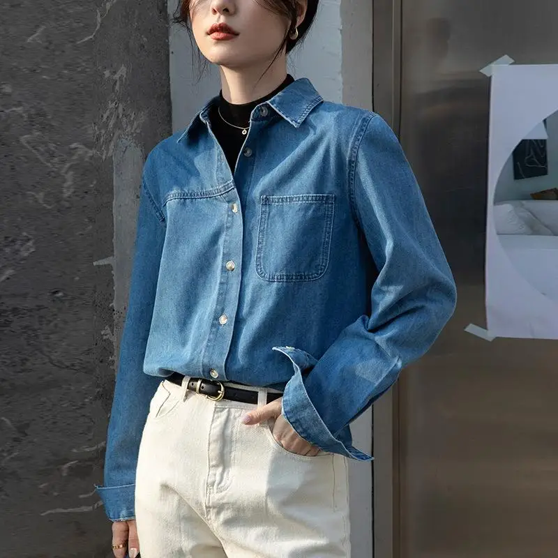 

Women's Denim Shirt Long Sleeve Inner Wear Spring New Design Blue Jacket Loose Shoulder Layering Shirt Collar Button down