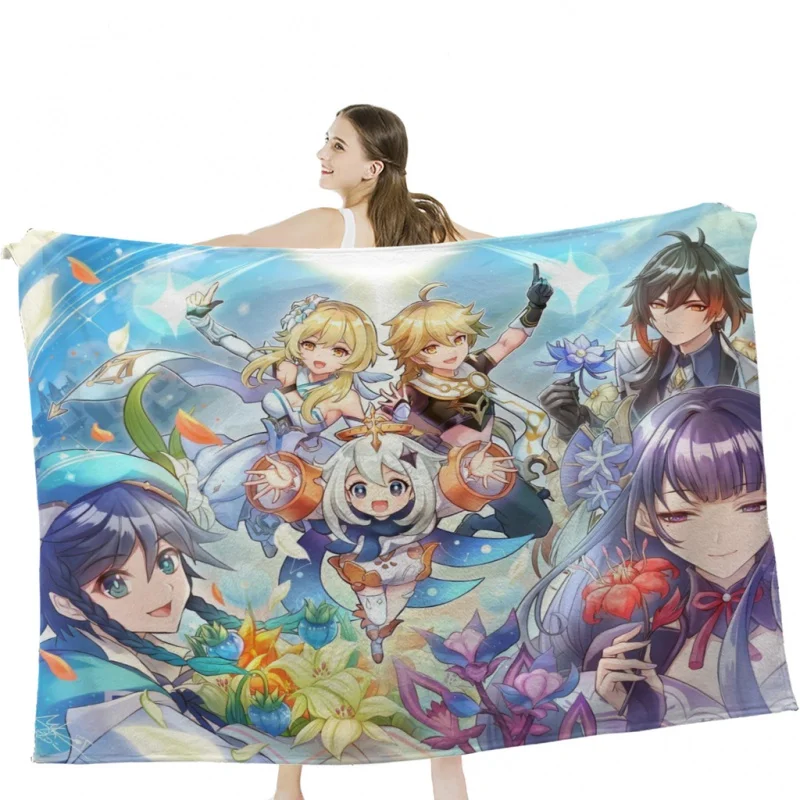 Genshin Impact Characters Chibi Assemble Throw Blankets Soft Velvet Blanket Camping ,Travel Bedding Blanket