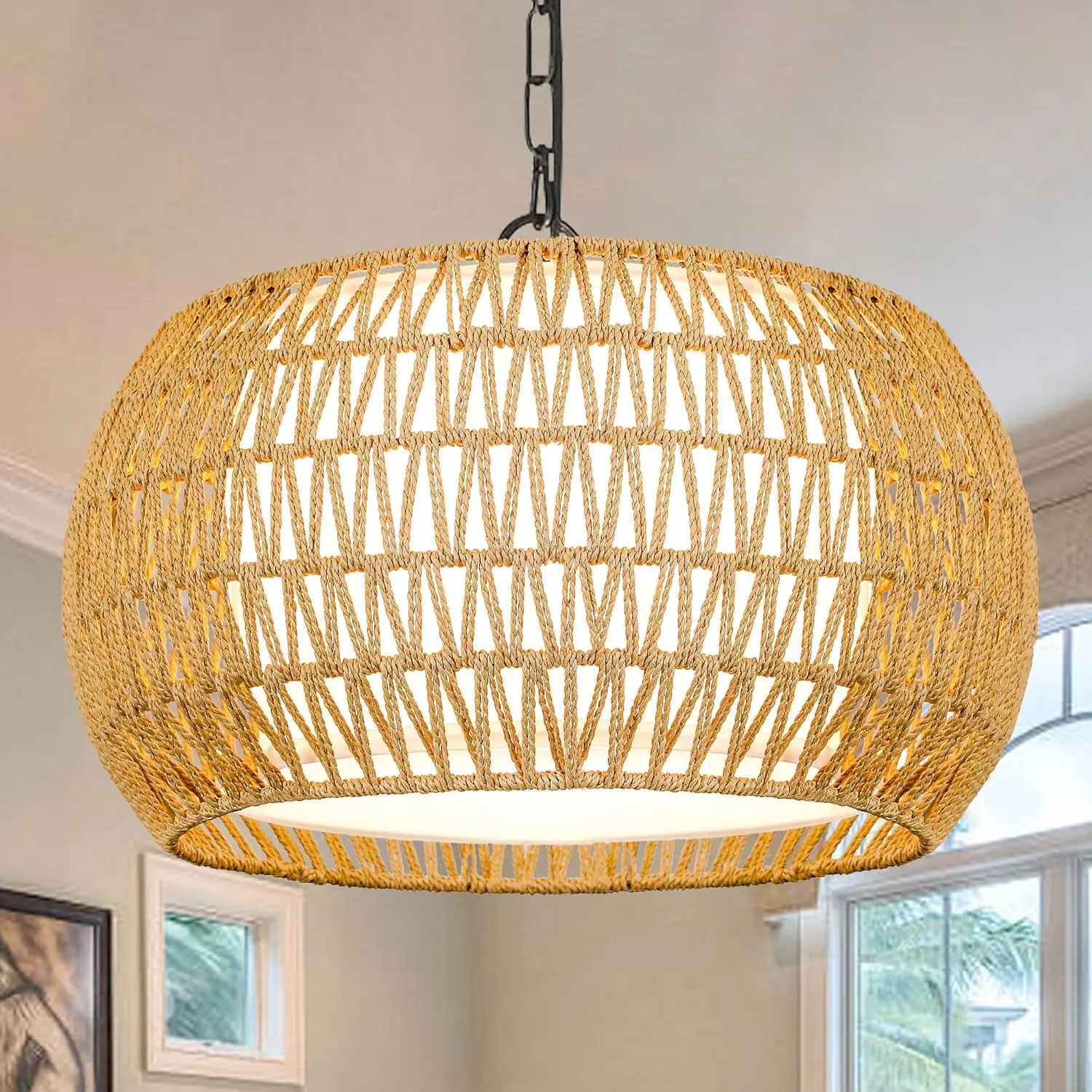 

Rattan Boho Chandelier with Double Drum Shade, Adjustable Hanging Light for Dining Room Kitchen Bedroom
