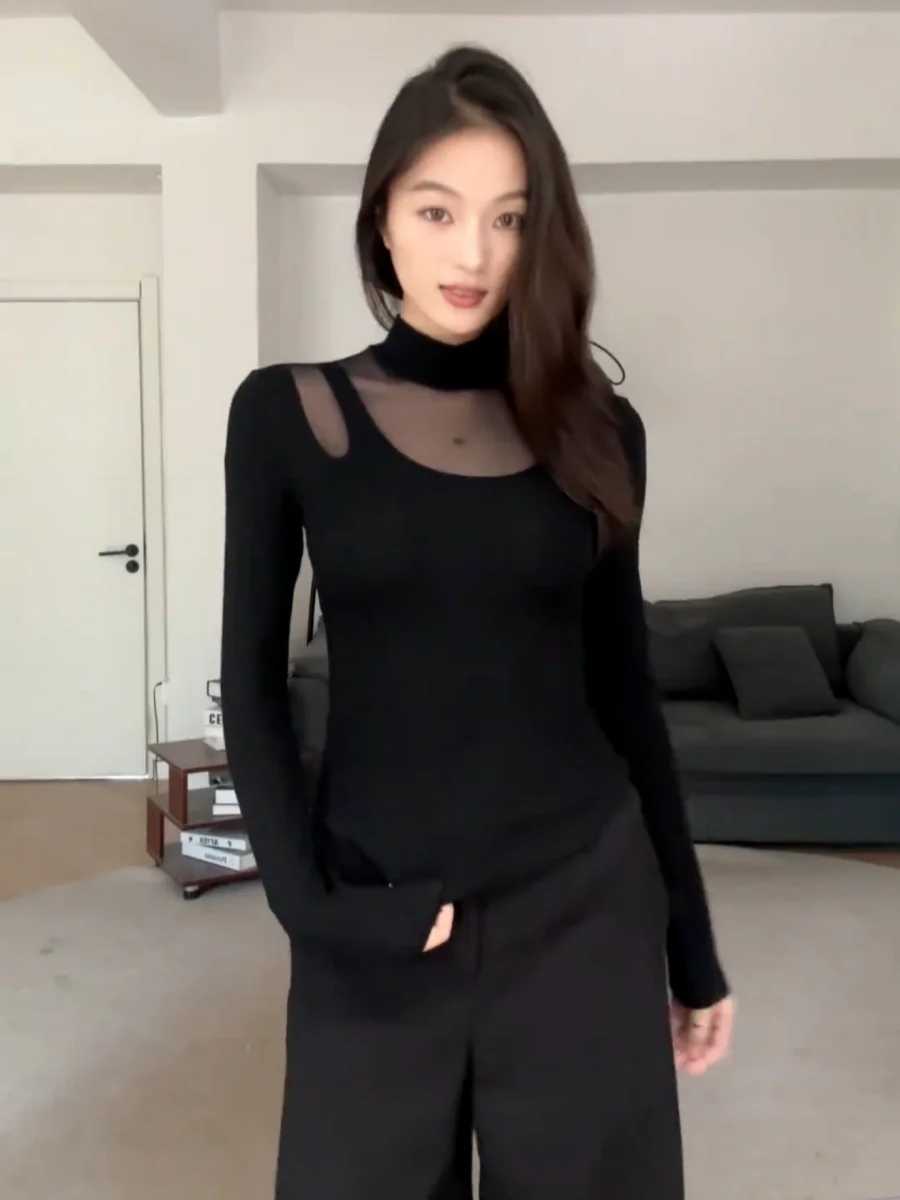 plus Size Women's Black Mesh Long Sleeve T-Shirt Slimming High Neck Casual Style Pear Shape Body Type Suitable for Autumn Wear