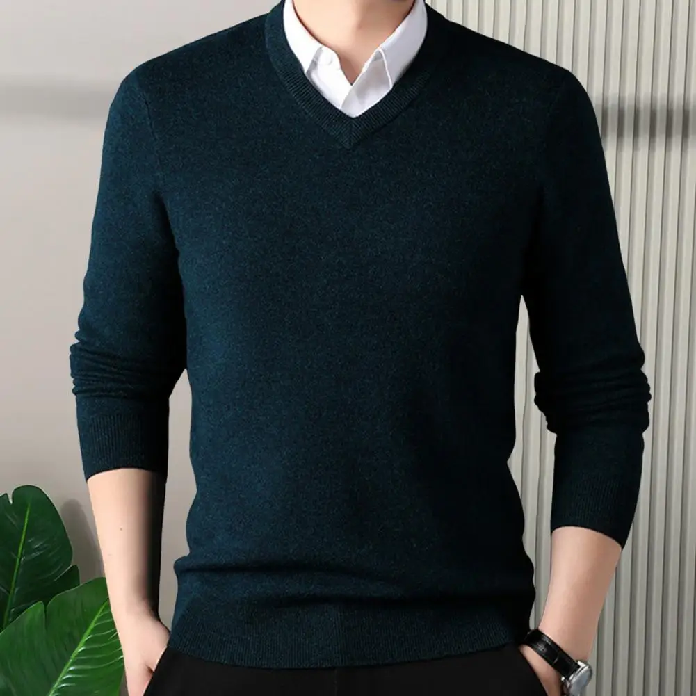 Layering Sweater Elegant V Neck Men's Sweater for Fall Winter Stretchy Pullover in Solid Color Formal Business Style Knitted Mid