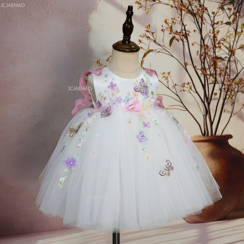 

Платье с цветочным узором для девочек с крыльями, платье-пачка принцессы, детский костюм с жемчугом, праздничные платья на Рождество, день рождения