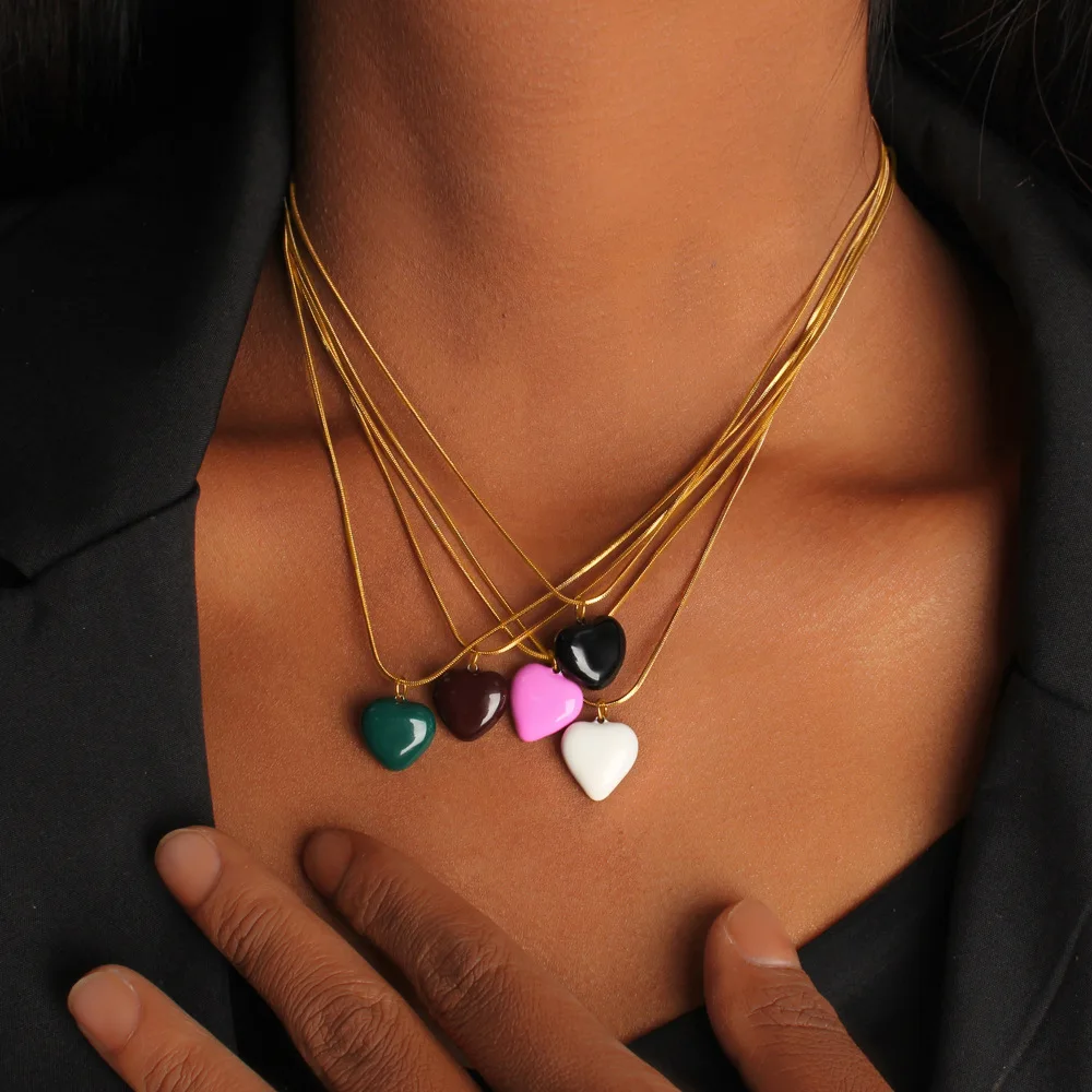 OL Estilo Dulce Acero Inoxidable Forma de Corazón Goteo Aceite Colgante Collar Cadena Moda Cuello Cadena Unisex Collar Impermeable