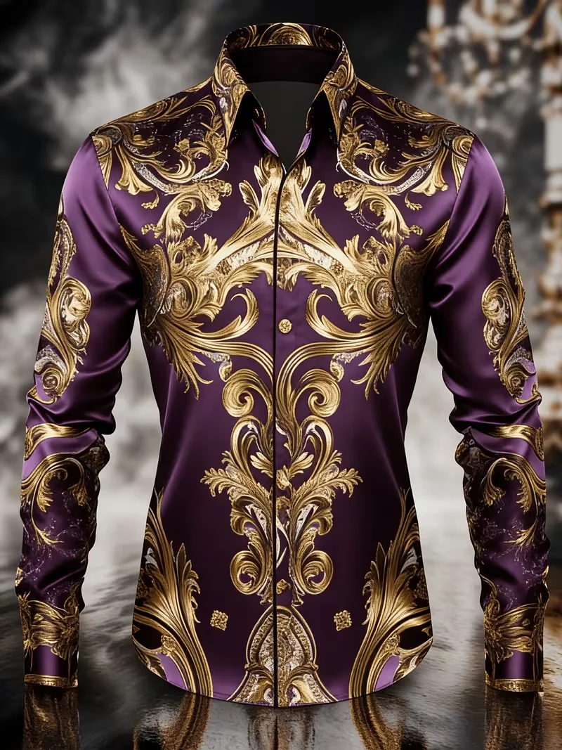 New black gold contrasting men's long sleeved shirt, retro sailing compass Baroque rolled grass print shirt