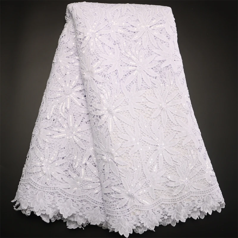 

New Design Pure White African Guipure Lace Fabric 2022 High Quality Water Soluble Cord Lace Fabric with Sequin For Wedding Party