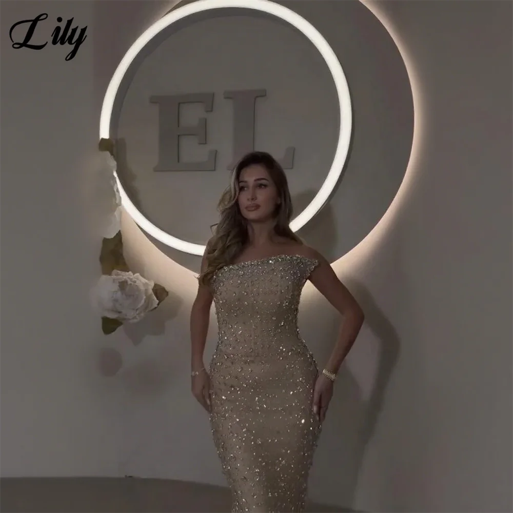 

Lily Champagne Party Dresses Strapless Evening Dress Sleeveless Mermaid فساتين السهرة with Crystal Beaded Customized