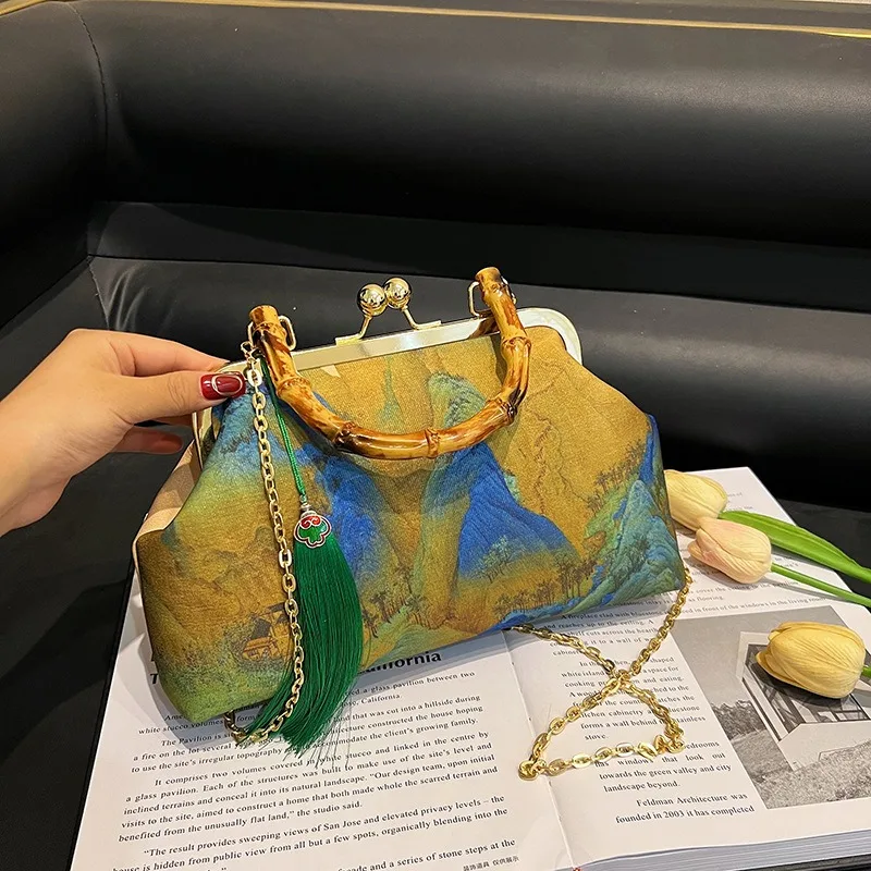 Chinese Style Women's Bamboo Joint Portable Clip Bag Guochao Antique Style Thousand Miles Jiangshan Map Fashion Chain Dinner Bag