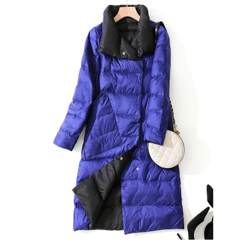 Winter Female Korean Wears Long Knee-Length Loose Padded keep warm Coat Women Double-Sided Wear White Duck Down Cotton Jacket