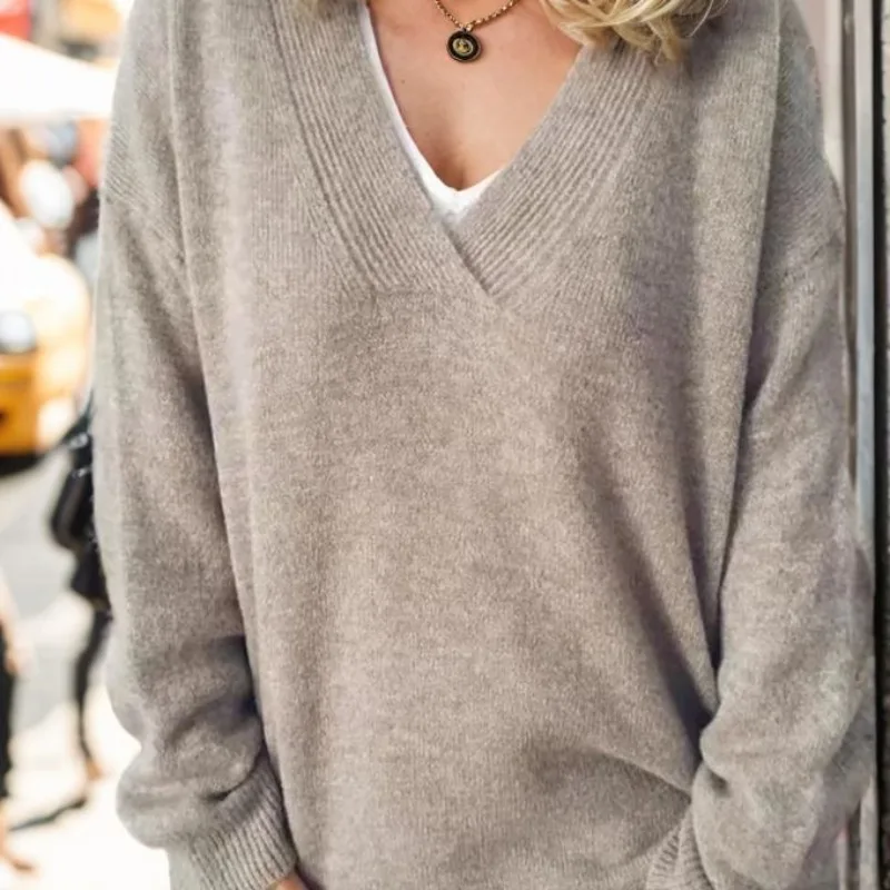 Spring Autumn Sweater Women's Fashion Knited Loose Pullover Women's Casual Long Sleeve V-neck Solid Color Sweater Top