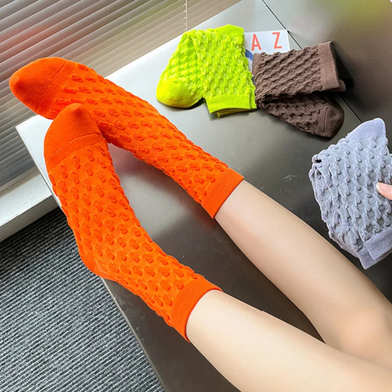 3/6 Pairs New Colorful Bubble Socks Spring And Summer Candy Color Socks Women's Tube Socks Personality All-match Cotton Socks