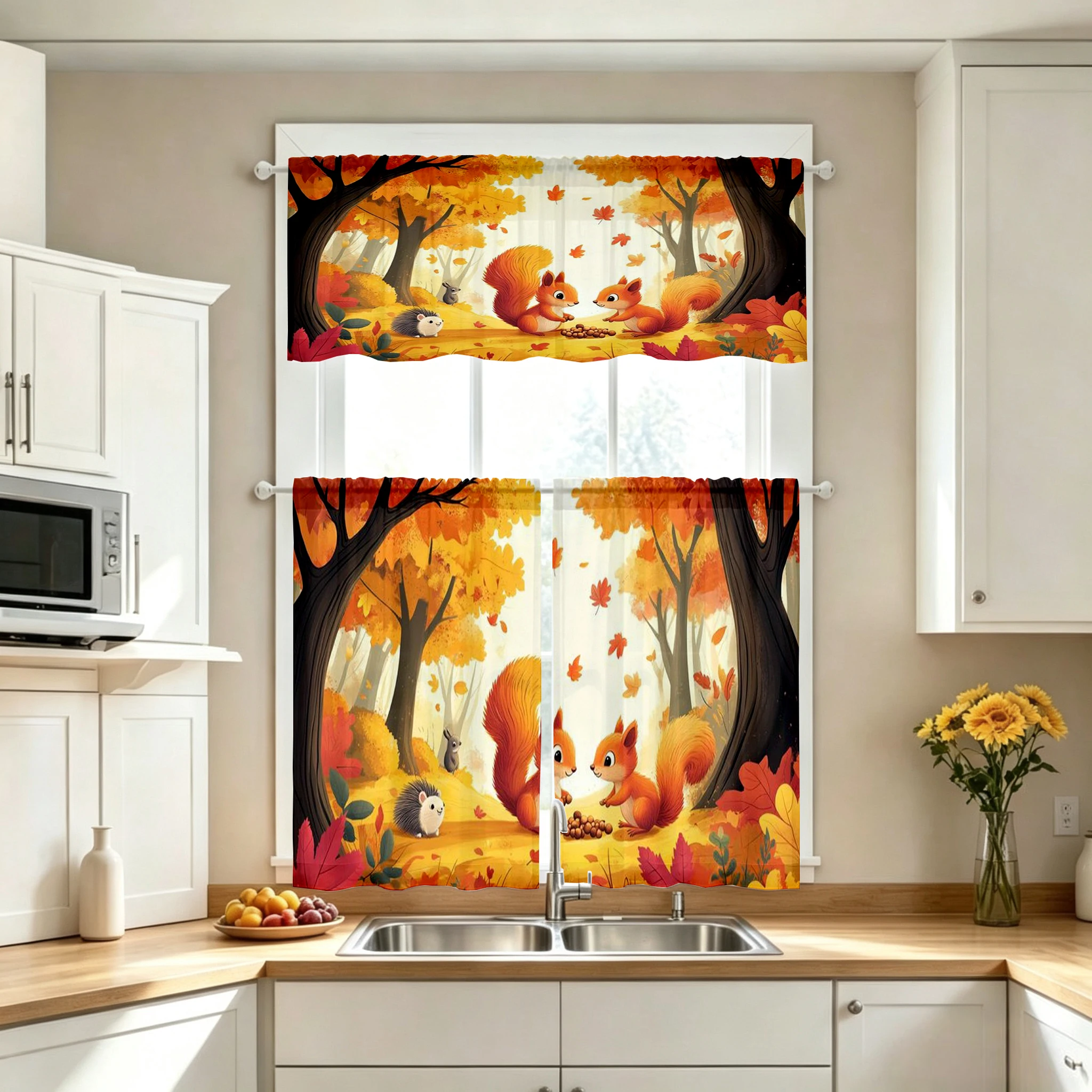 Thanksgiving Fall Kitchen Curtains, Squirrel Hedgehog, Digital Print, Kitchen Dining Room, Rod Pocket Polyester, Home Decor
