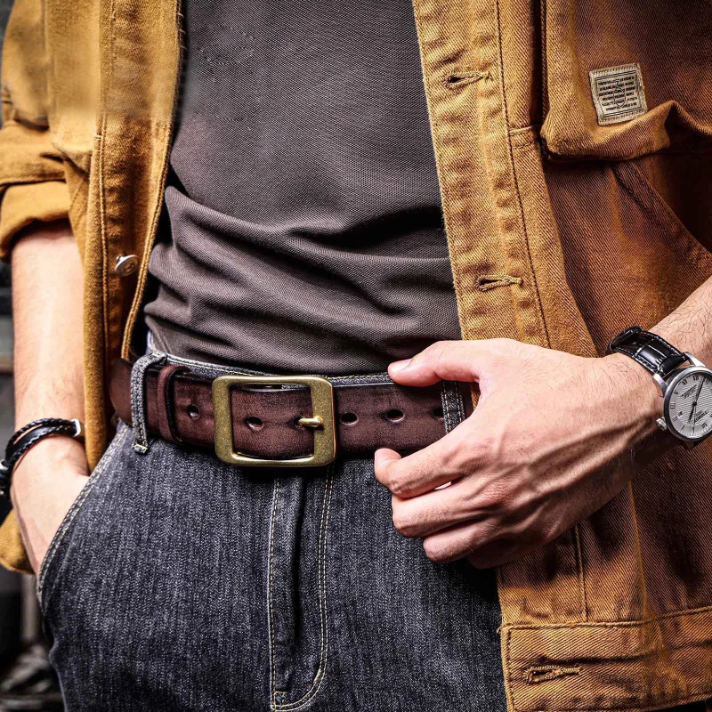 Simple retro top layer cowhide men's belt pure copper buckle belt pin buckle handmade Italian genuine leather thickened belt