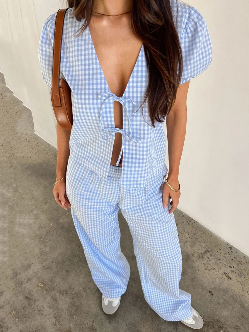 Marthaqiqi Plaid Causal Women Sleepwear Suit V-Neck Pajamas Short Sleeve Nightgowns Crop Top Nightie Pants Ladies Nightwear Sets