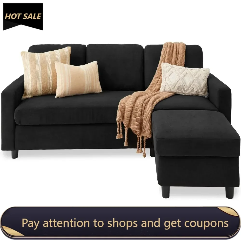 Upholstered Sectional Sofa for Home, Apartment, Compact Spaces w/Chaise Lounge, L-Shape Design, Reversible Ottoman Bench，Black