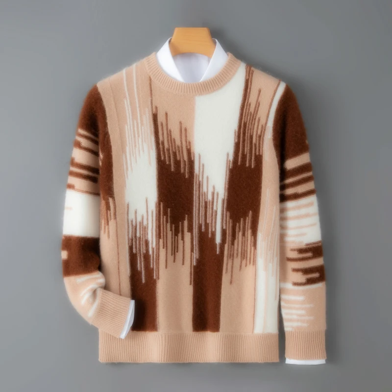Men's 100% Pure Wool Sweater round Neck Thickened Autumn Winter Style Contrasting Colors Loose-Fitting Base Layer