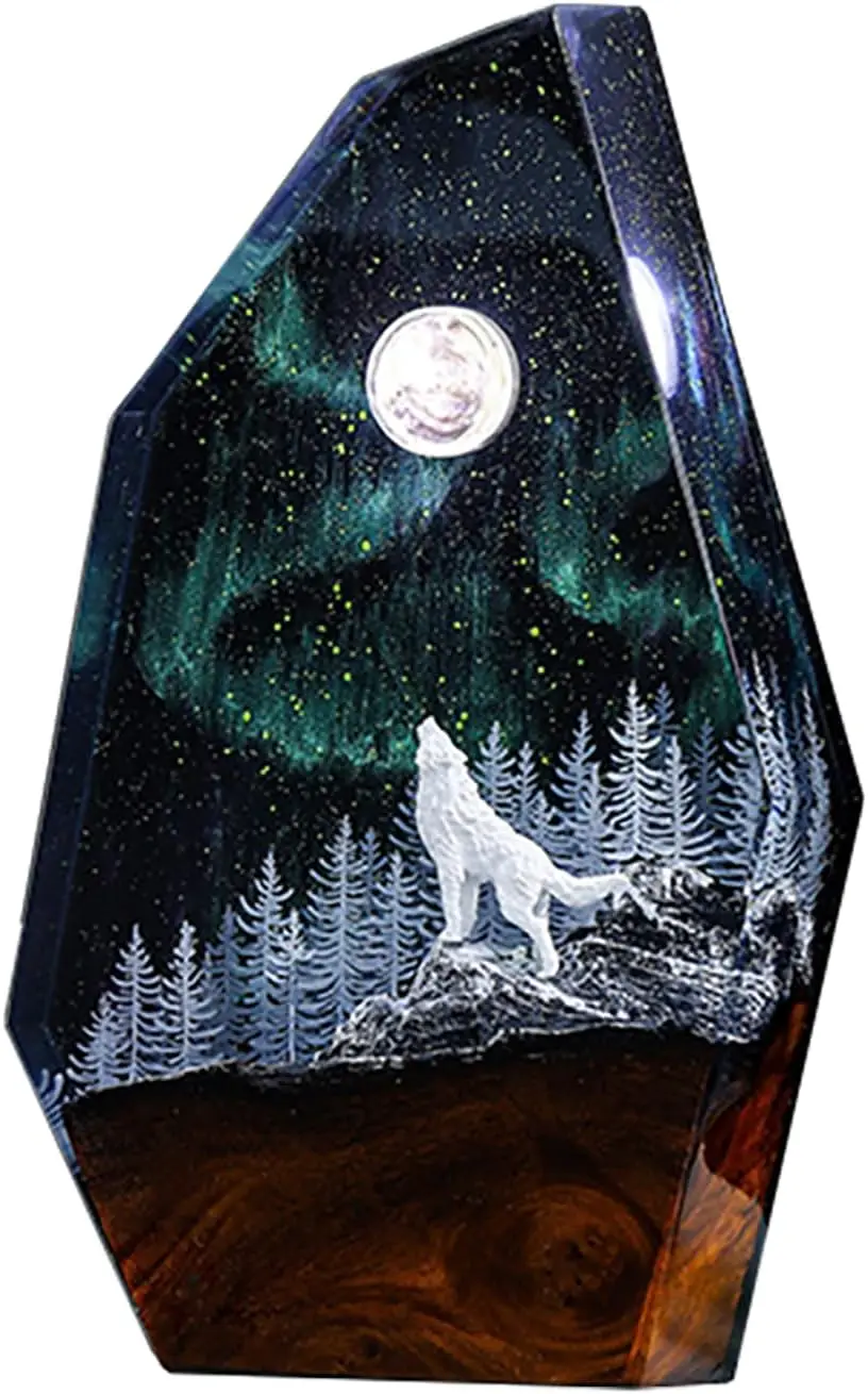 Resin Wolf Fawn Fox Lamp Snowy Night Handmade Bedside Light Decor