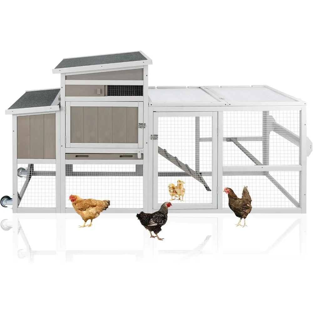 

Chicken Coop with Run, Mobile Hen House with Wheels, Indoor/Outdoor Rabbit Hutch, Predator-Resistant, Nesting Box, 3 Perches, Tr