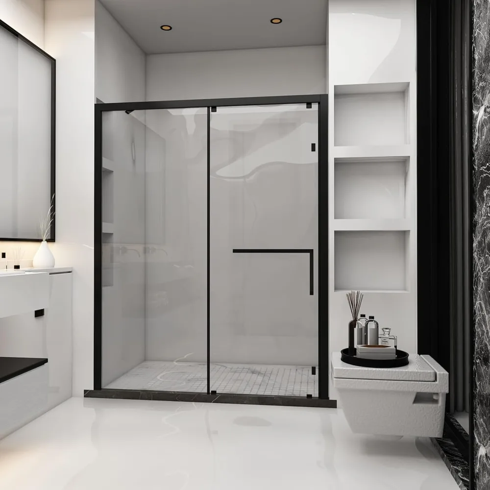 Sliding Shower Door, 59“ X 74.8”, Aluminum, with Seal Strip Components and Handle, Sliding Rollers, Reversible,Glass Shower Door