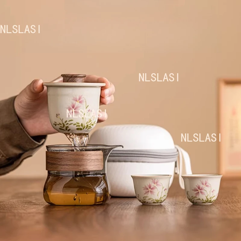 Hand-painted Daisy Travel Teaware Set Portable Tea Set Personal Outdoor Ceramic Tea Making Small Set 1 Pot and 2 Cups