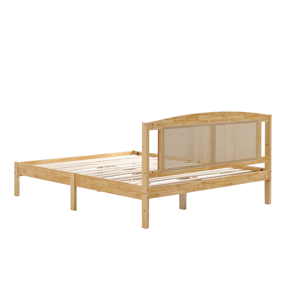 PINGGO Naturrattan-Doppelbett 160x200cm Kiefernholz PE-Rattan 15 Latten Mittelstützfüße Rattan-Netzkissen Ohne Matratze – Detail 14