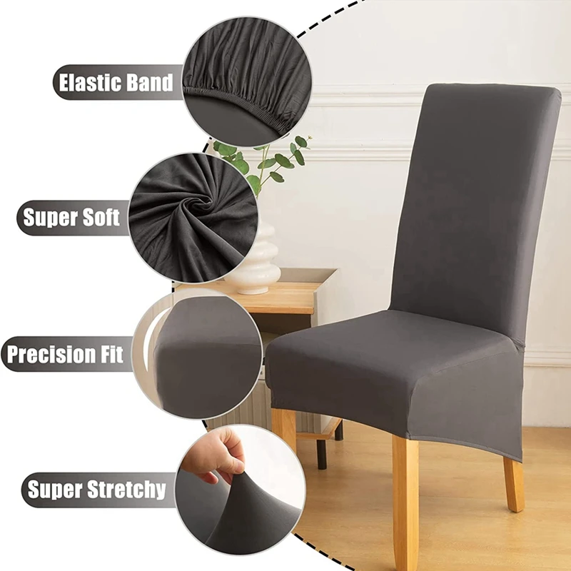 High Back Solid Fabric Stretch XL Chair Covers For Dining Room, Set Of 4 Spandex Large Dining Chair Slipcovers Dark Gray