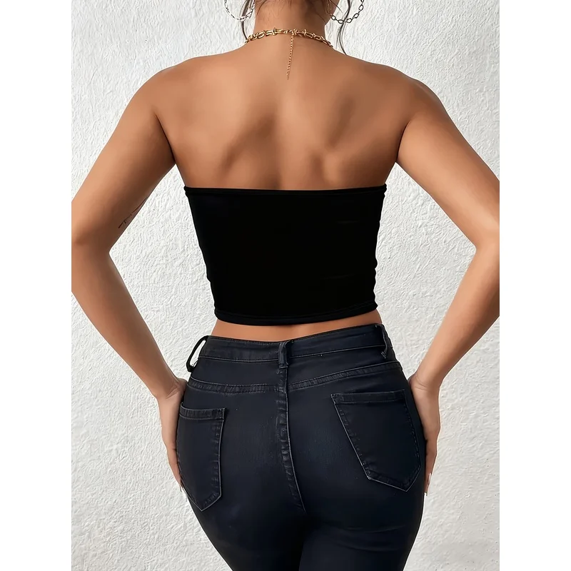 Skeleton Hand Holding Red Rose Print Black Strapless Crop Tube Top