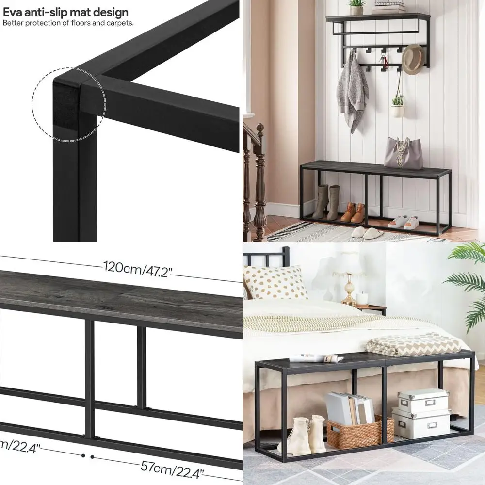 47.2 Industrial Kitchen Table Bench, Steel Frame, Easy Assembly, Suitable for Dining and Kitchen, Charcoal and Black