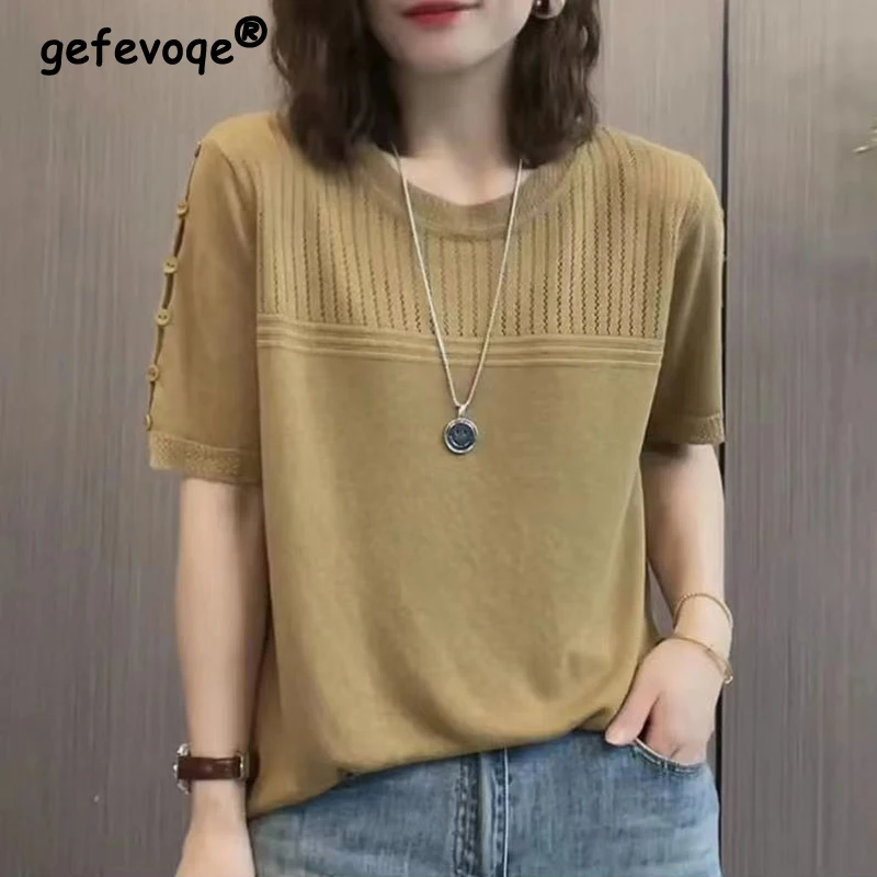 Women Clothing Simple Casual Hollow Solid Comfortable Knitted T Shirt Summer Female Round Neck Short Sleeve Loose Pullover Tops