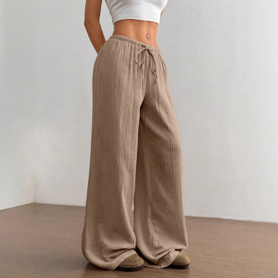 女性用カラールーズワイドレッグカジュアルパンツ、ローウエスト、無地、春シーズン、レディースファッション、ルーズ、PVC素材