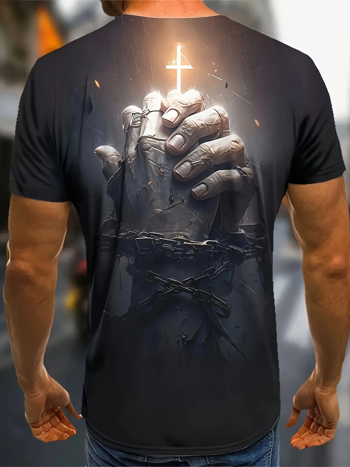 Men Christian Faith T-Shirt, Praying Hands Break Chain Glowing Cross Print Short Sleeve Crew Neck Religious Graphic Tee