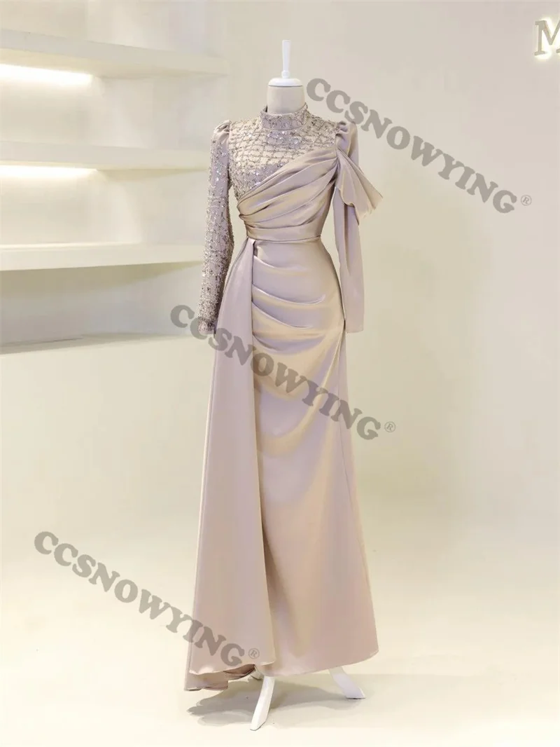 

Full Sleeve Muslim Evening Dresses Islamic Satin Appliques Beaded Formal Party Gown Arabic Kaftan Women A Line Robe De Soiree