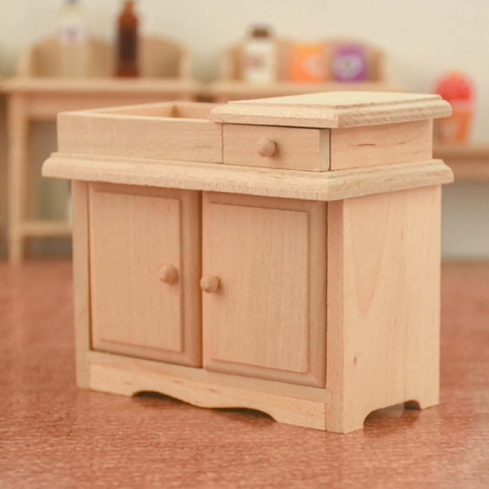 1/12 Miniature Dollhouse Wooden Wash Basin Cabinet with Hand Sink Furniture for Dollhouse Bathroom Kitchen Decoration