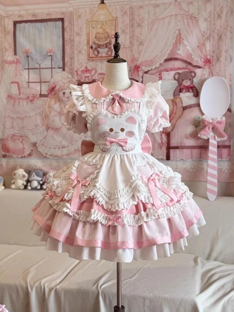 

New Japanese Sweet Lolita Women's 2 Piece Set Y2k Cute Bow Summer Dress + Lace Design Strap Apron Fashion Female Vintage Outfits