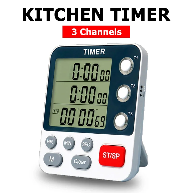 3 Channels Digital Kitchen Timer Count UP/Down Timer Adjustable 3 Levels Volume Alarm Clock LCD Display Mute Flashing Timer