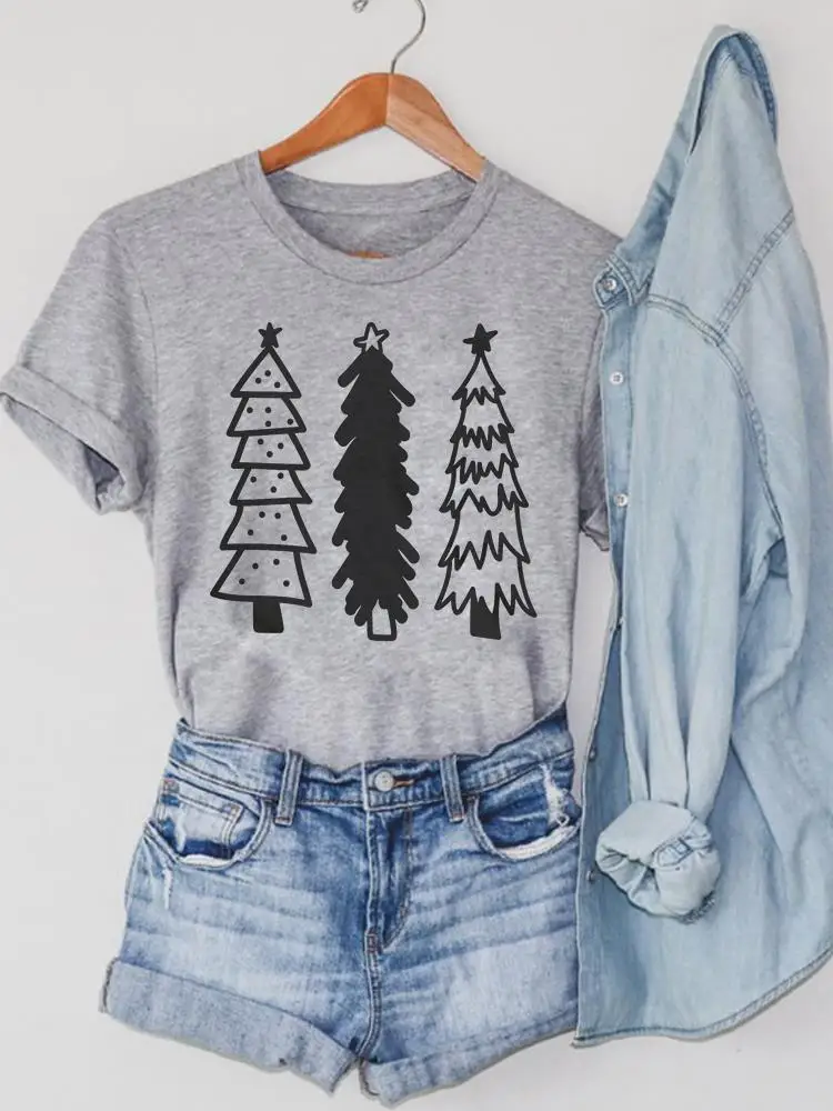 Happy New Year Graphic T-shirts Printing Merry Christmas Vintage Tree Cute 90s Style Fashion Women Clothing Short Sleeve Top Tee