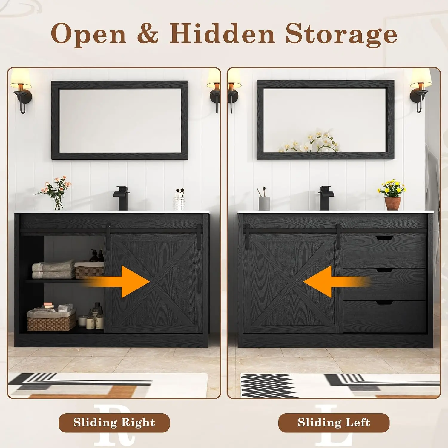 Bathroom Vanity With Sink And Mirror, Freestanding Wood Washstand Storage Cabinet Combo With Faucet And Sliding Barn Door, Modern Farmhouse Single Sink Vanity Set With Drawers, Wood Grain Black view 6