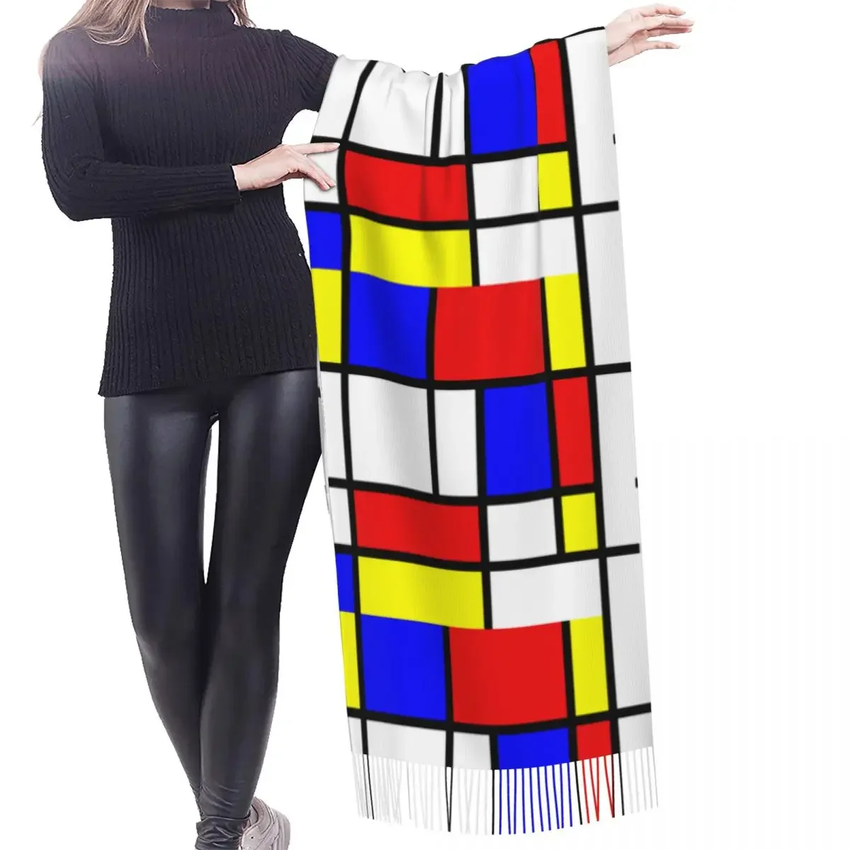 Female Piet Mondrian Minimalist De Stijl Modern Art Scarves Women Winter Soft Warm Tassel Shawl Wraps Fashion Versatile Scarf