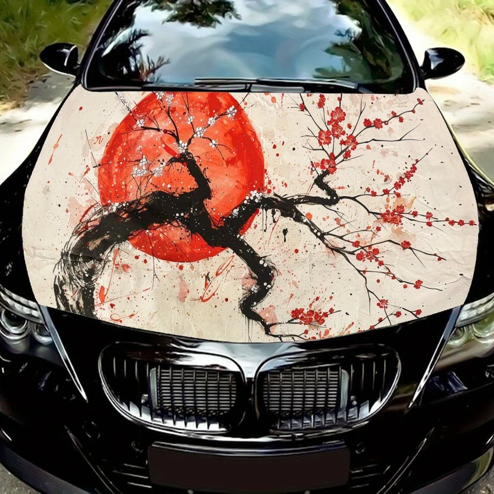 

Mysterious Japanese Sun Red Plum Blossoms Car Hood Vinyl Wraps Sticker, Car Engine Decal, Waterproof Self-adhesive Car Packaging