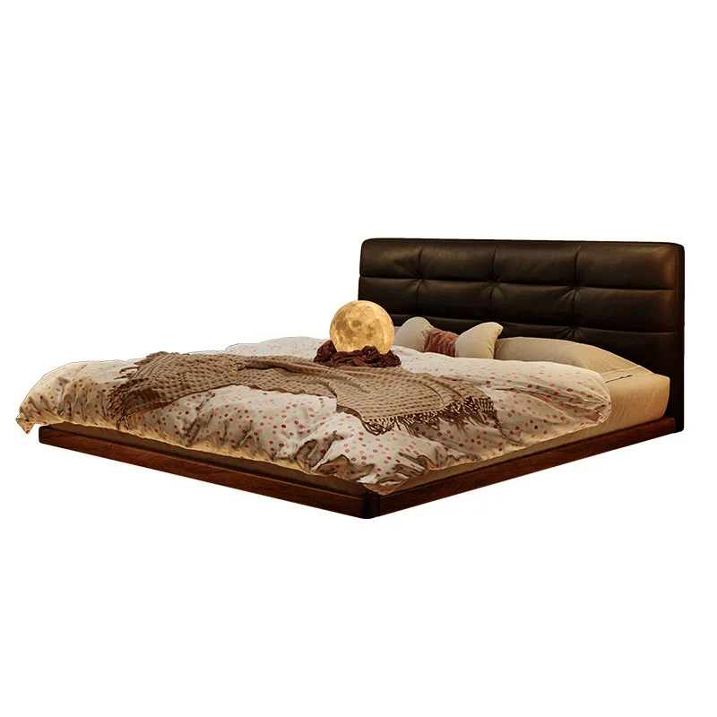Italian light luxury solid wood minimalist master bedroom bed black retro flush edge small apartment leather suspended fairy bed