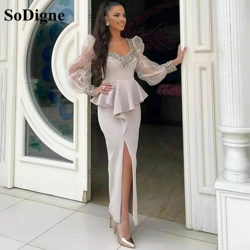 

SoDigne V Neck Saudi Arabia Evening Dresses Satin Long Sleeves Prom Dresses Side Split Special Occasion Dresses Party Gowns