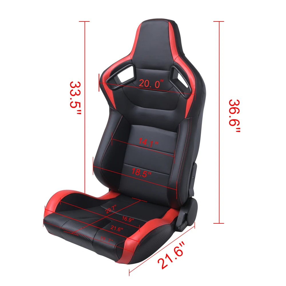 2pc Black and Red Racing Seats Made of PVC Leather Material Equipped with Dual-Slider Adjustment System Providing Stable Support
