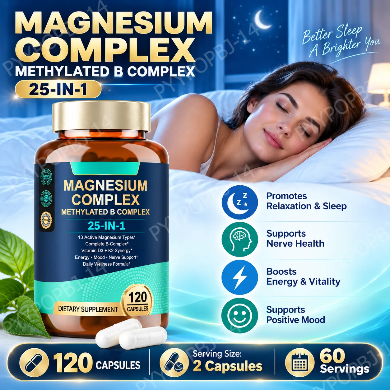 25-in-1 Magnesium Complex Capsules, Support Relaxation Sleep Nerve Energy 13 Types Magnesium Methylated B Complex,120 Capsules