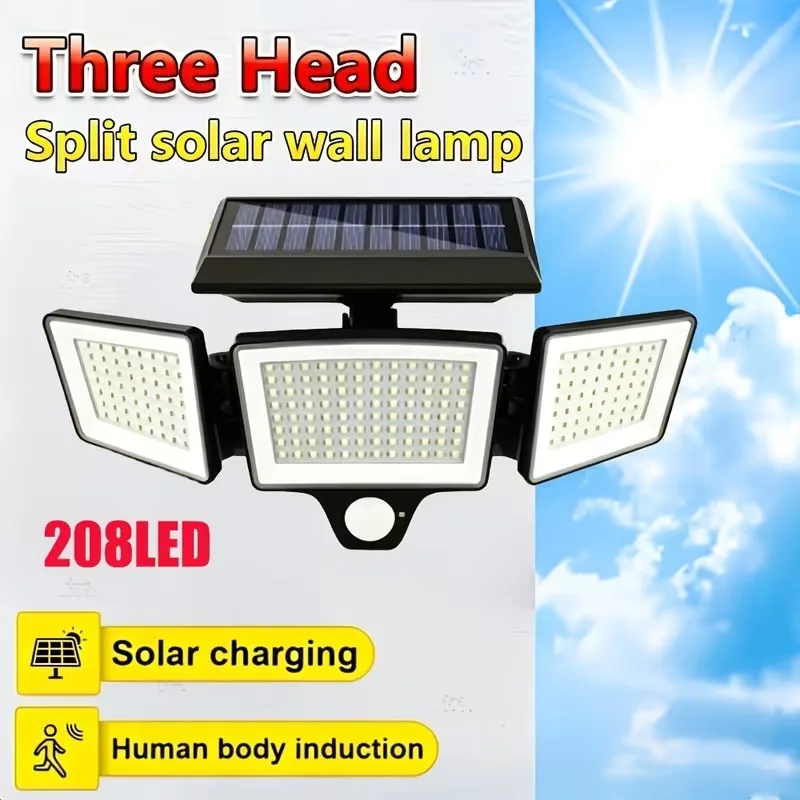 Motion Sensor 208 LED Solar Security Lights Waterproof,270° Wide Angle Flood Wall Lights 2000LM 208 Led Easy Install 270°Wide Angle